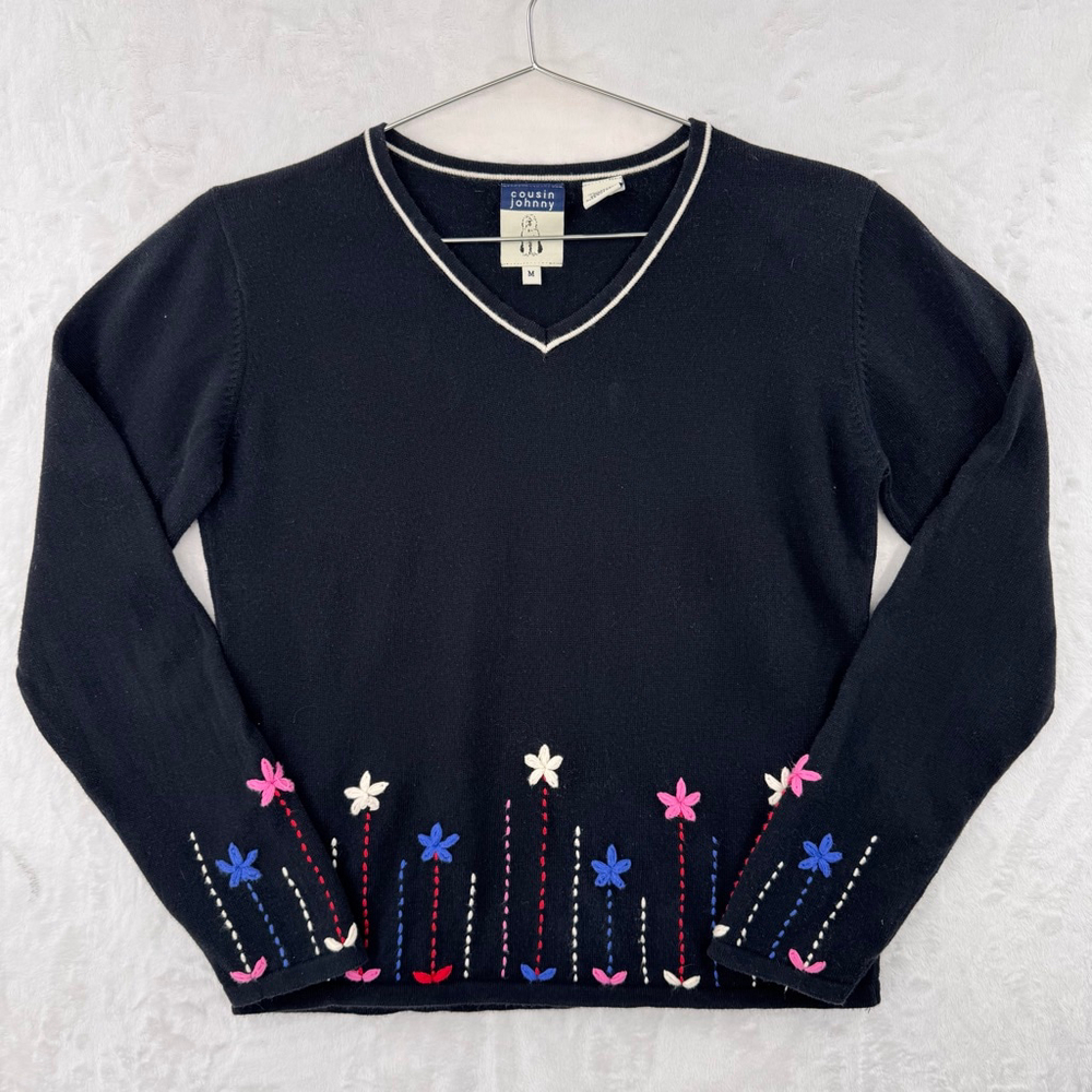 Cousin Johnny Black Sweater with Multicolor Embroidered Flowers 100% Cotton Vtg